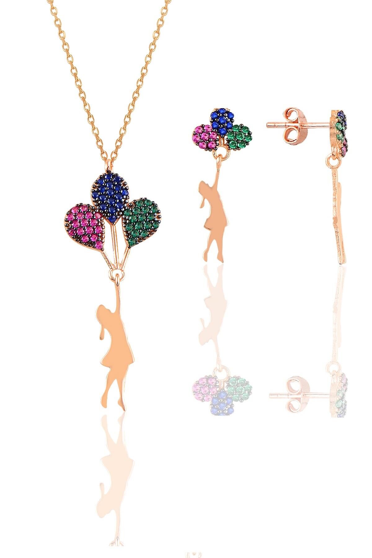 Gümüş rose balonlu kız kolye ve küpe gümüş set SGTL10750ROSE