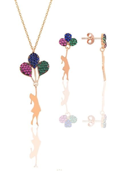 Gümüş rose balonlu kız kolye ve küpe gümüş set SGTL10750ROSE
