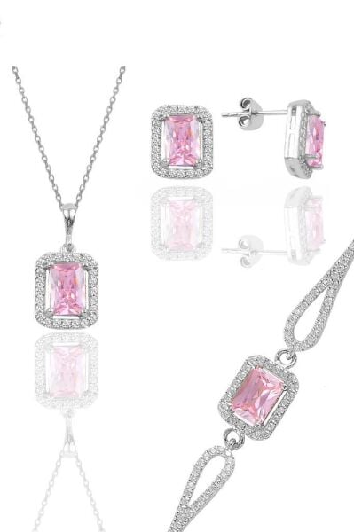 Gümüş rodyumlu pembe taşlı baget kesim üçlü set SGTL11598PEMBE