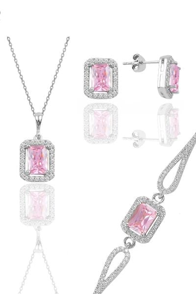 Gümüş rodyumlu pembe taşlı baget kesim üçlü set SGTL11598PEMBE