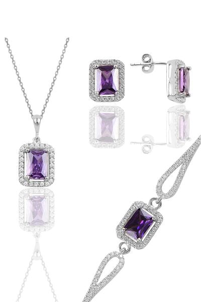 Gümüş rodyumlu ametis taşlı baget kesim üçlü set SGTL11598MOR