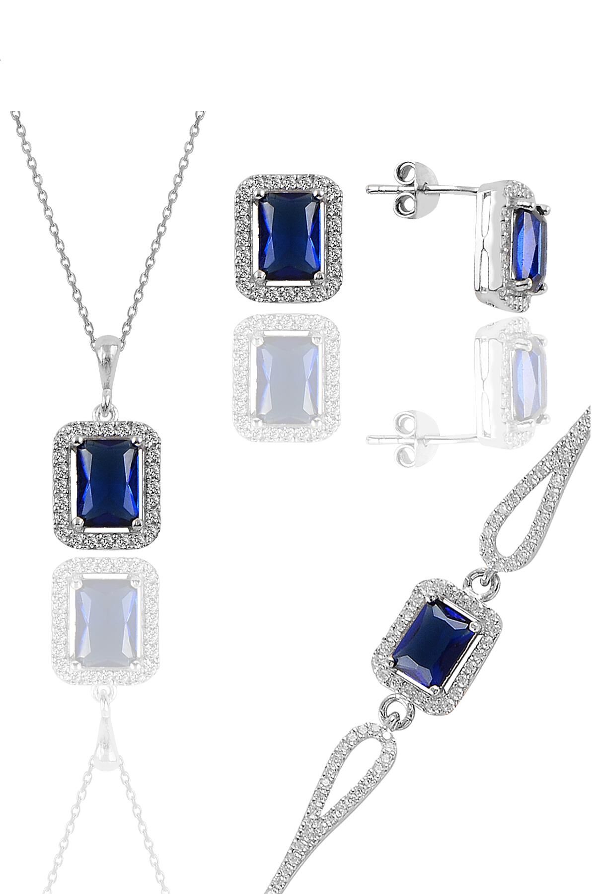 Gümüş rodyumlu safir taşlı baget kesim üçlü set SGTL11598LACIVERT