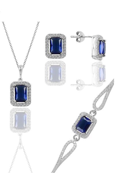 Gümüş rodyumlu safir taşlı baget kesim üçlü set SGTL11598LACIVERT