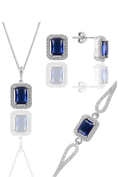 Gümüş rodyumlu safir taşlı baget kesim üçlü set SGTL11598LACIVERT