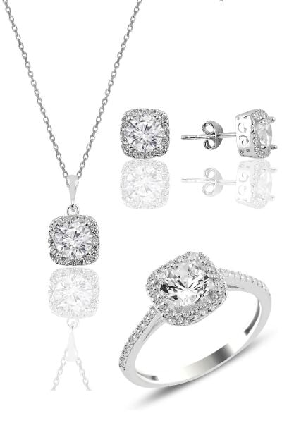 Gümüş rodyumlu zirkon taşlı kare üçlü set SGTL10762RODAJ