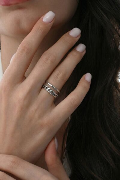 925 Ayar Gümüş Yüzük Zincir Detaylı İkili Görünümlü Ayarlanabilir Vintage Tasarım Kadın Yüzük  SGTL13256RODAJ