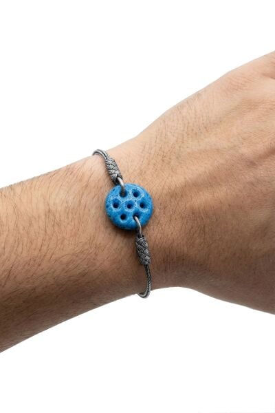 925 Ayar Gümüş Erkek Bileklik Süryani Boncuğu Mavi Taşlı 7 Delikli Kazaziye Örgü Erkek Bileklik - El İşçiliği Otantik Tasarım SGTL13258SIYAH