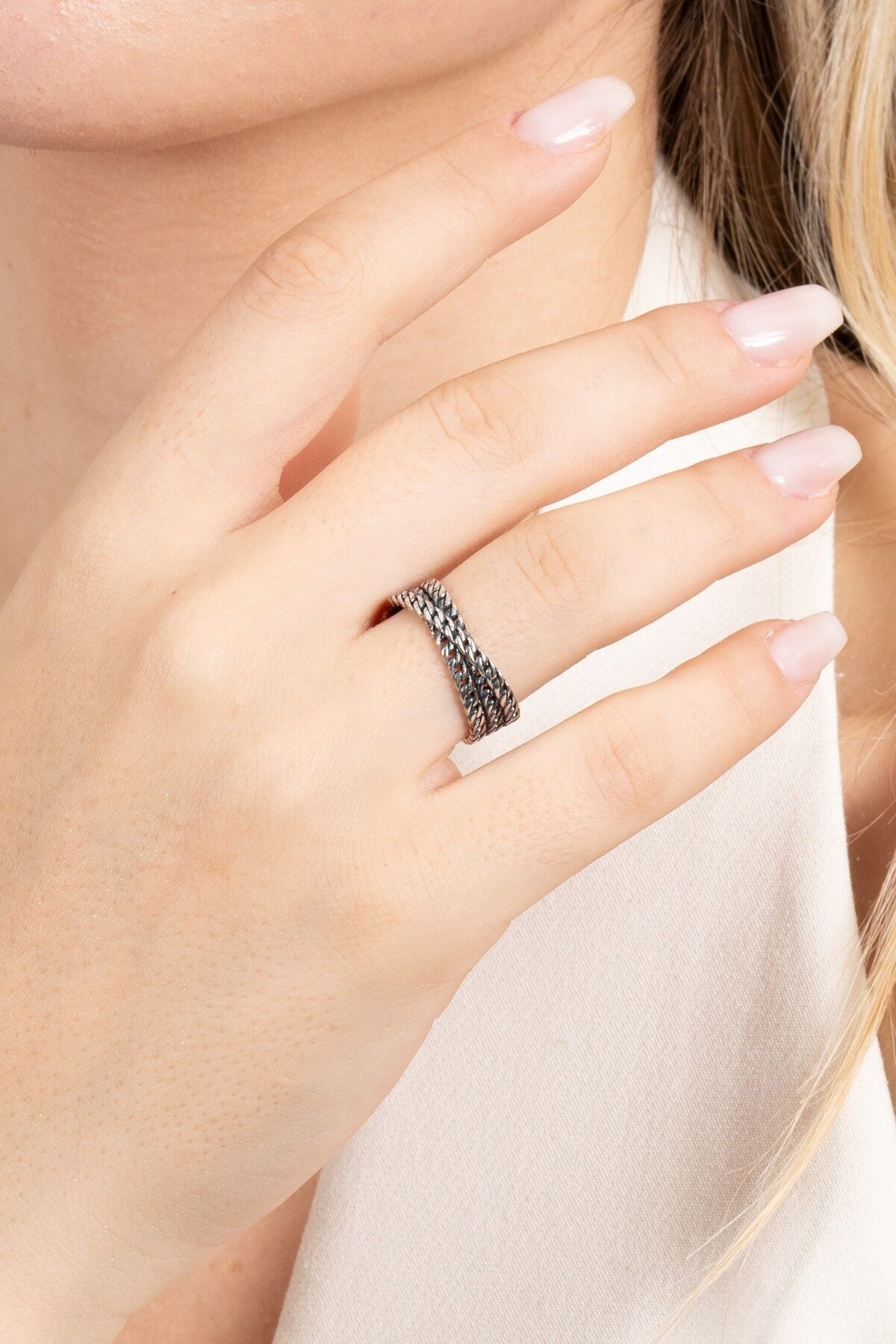 925 ayar gümüş yüzük oksitli üçlü sarmal zincir modeli ayarlamalı yüzük SGTL13121SIYAH