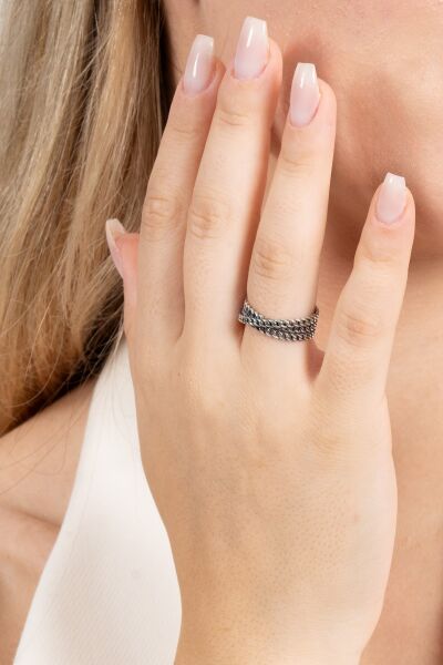 925 ayar gümüş yüzük oksitli üçlü sarmal zincir modeli ayarlamalı yüzük SGTL13121SIYAH