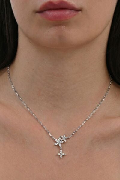 925 Ayar Gümüş Kolye Rodyumlu Üçlü Lotus Çiçek Tasarım Kadın Kolye - Işıltılı Zirkon Taşlı Kolye SGTL13261RODAJ