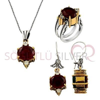çift taraflı otantik kök yakut ve kök zümrüt taşlı üçlü set set8360