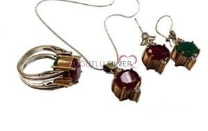 çift taraflı otantik kök yakut ve kök zümrüt taşlı üçlü set set8360