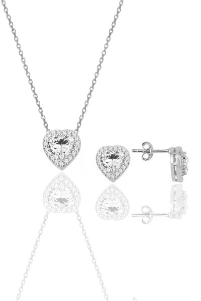 Gümüş rodyumlu zirkon taşlı pırlanta modeli  kalp ikili set SGTL10139RODAJ