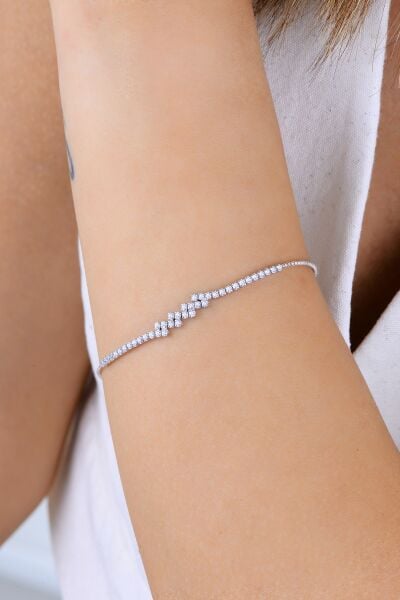 Gümüş rodyumlu pırlanta modeli zirkon taşlı modern ışıltı su yolu bileklik SGTL12906RODAJ