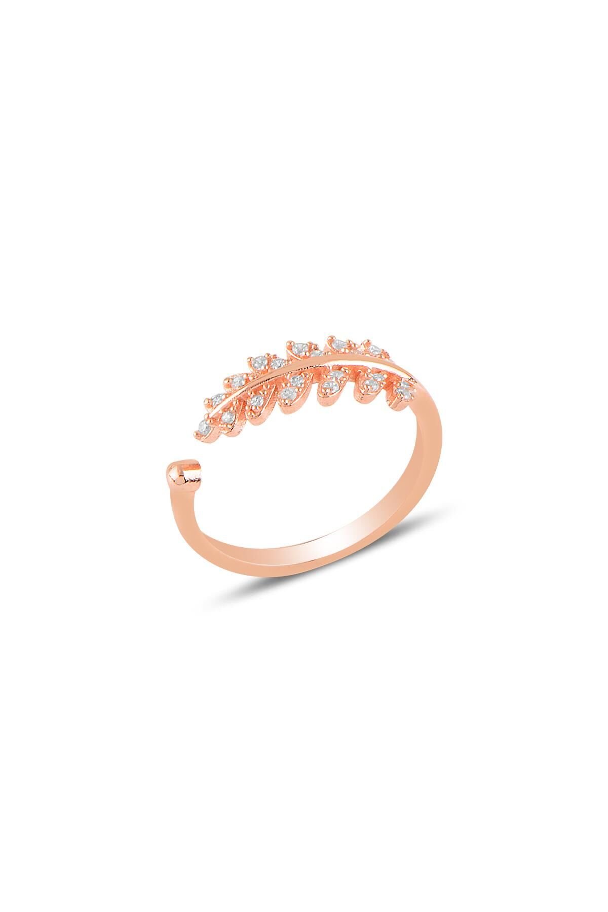 Gümüş rose zirkon taşlı ayarlamalı yaprak yüzük SGTL9947ROSE