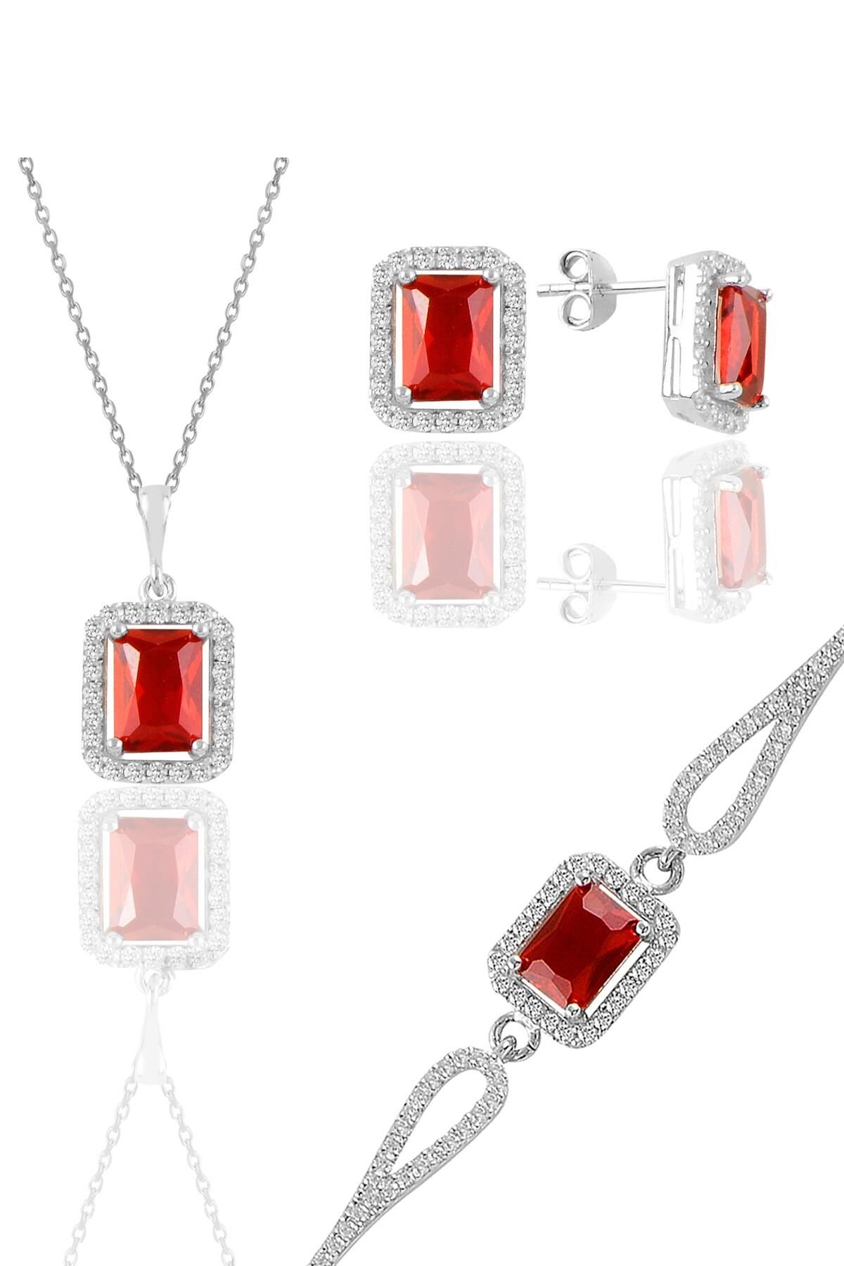 Gümüş rodyumlu kırmızı taşlı baget kesim üçlü set SGTL11598KIRMIZI
