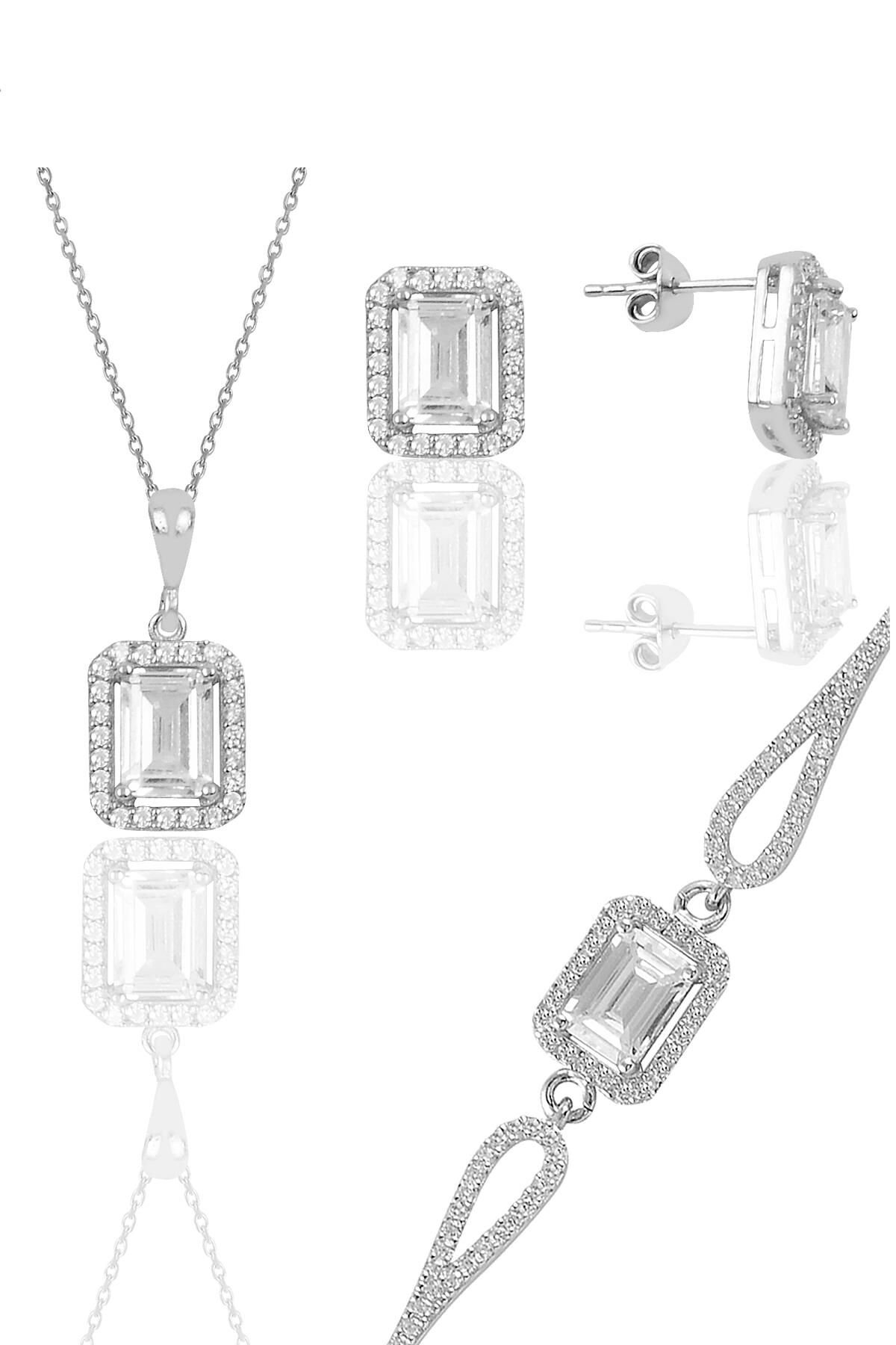 Gümüş rodyumlu zirkon taşlı baget kesim üçlü set SGTL11598BEYAZ