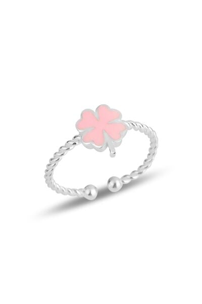 Gümüş pembe mineli yonca ayarlamalı çocuk yüzüğü SGTL11837PEMBE