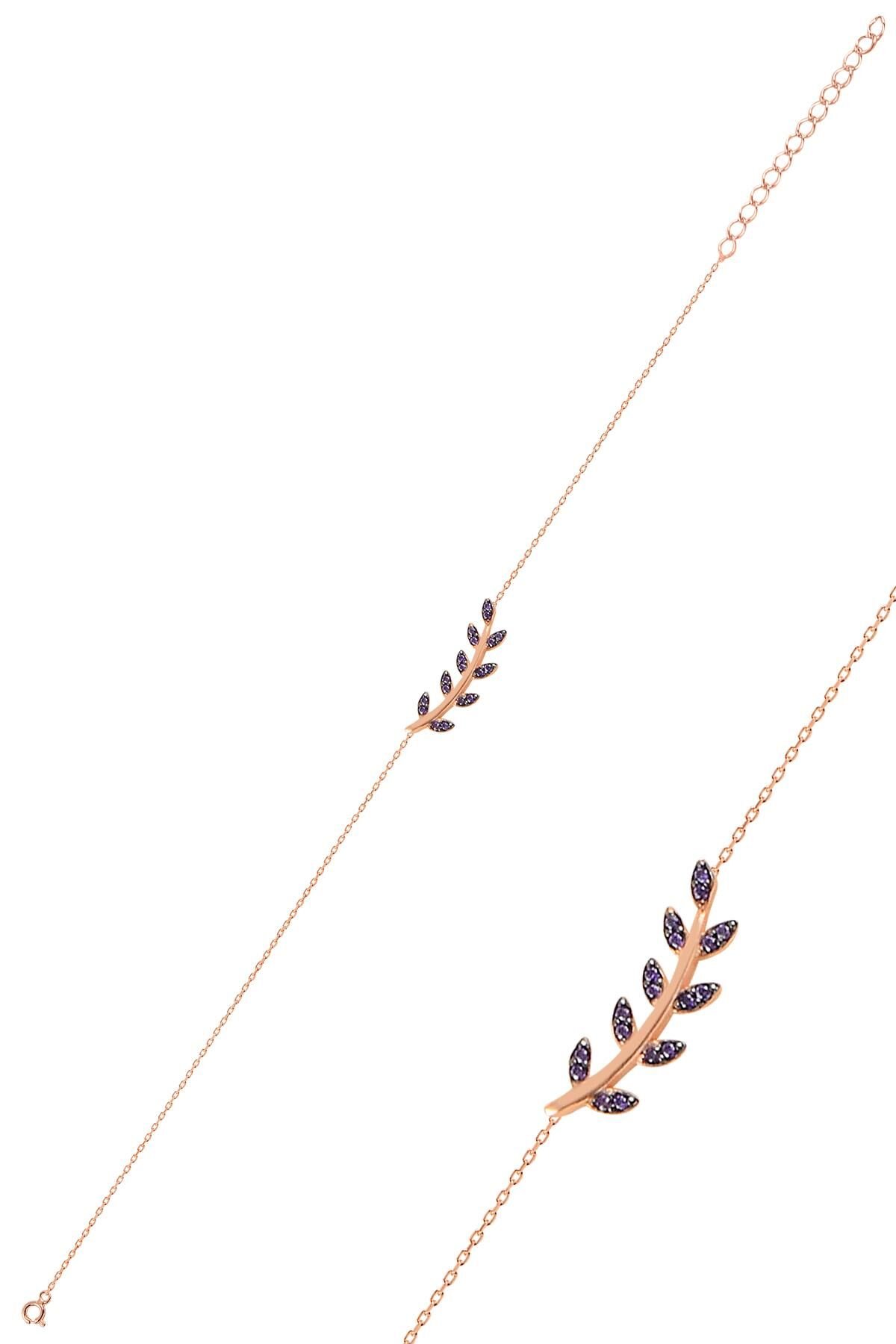 Gümüş rose mor taşlı yaprak bileklik SGTL10291MR