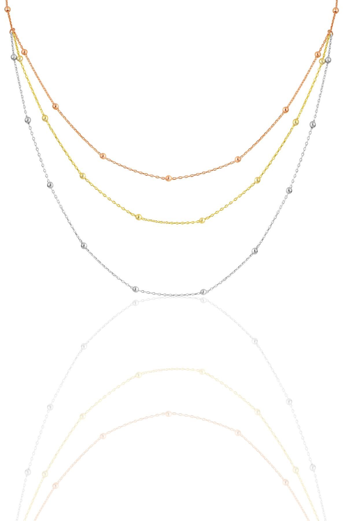 Gümüş rodyumlu, rose ve altın yaldızlı üç sıra top top zincir kolye SGTL11877RENKLI
