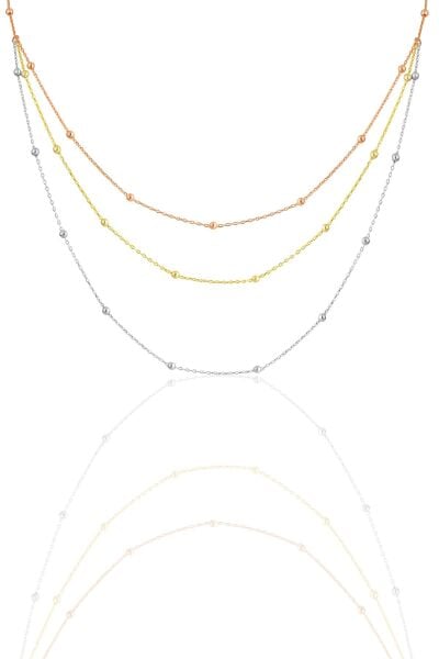 Gümüş rodyumlu, rose ve altın yaldızlı üç sıra top top zincir kolye SGTL11877RENKLI