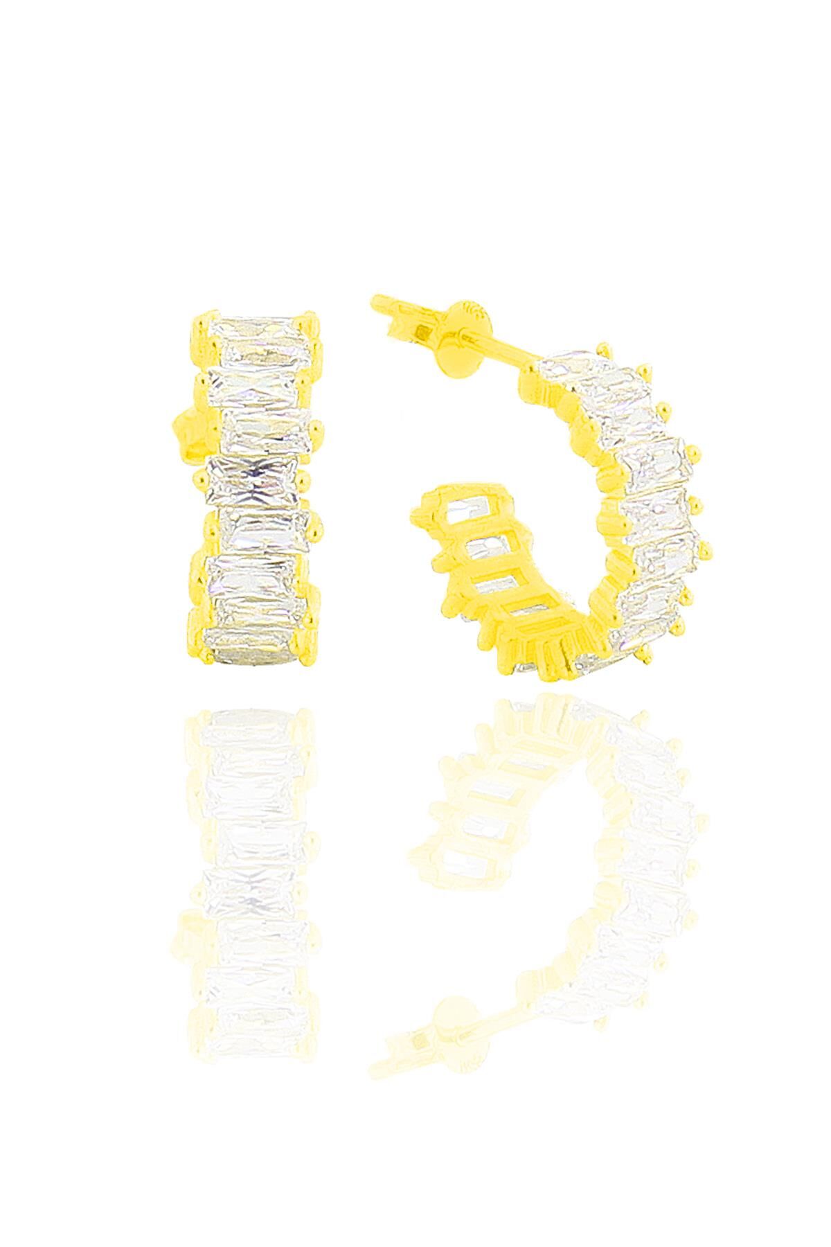 Gümüş altın yaldızlı baget taşlı halka küpe SGTL11597GOLD