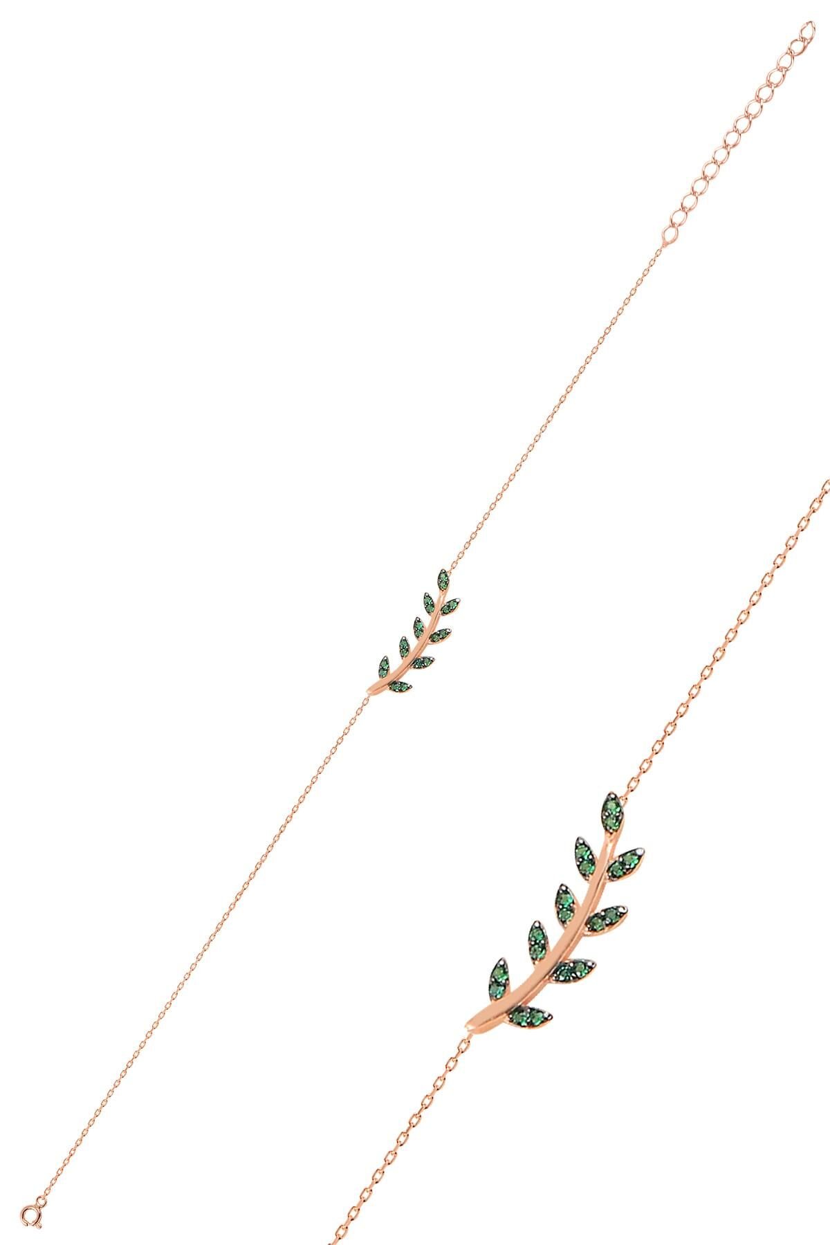 Gümüş rose yeşil taşlı yaprak bileklik SGTL10291YSL