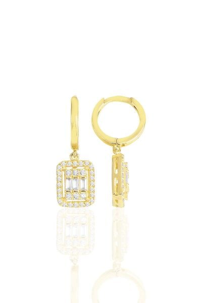 Gümüş altın yaldızlı pırlanta montür baget taşlı sallantılı küpe SGTL11498GOLD