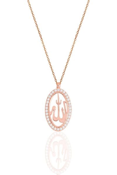 Gümüş rose zirkon taşlı oval çerçeveli ALLAH lafzı kolye SGTL11509ROSE