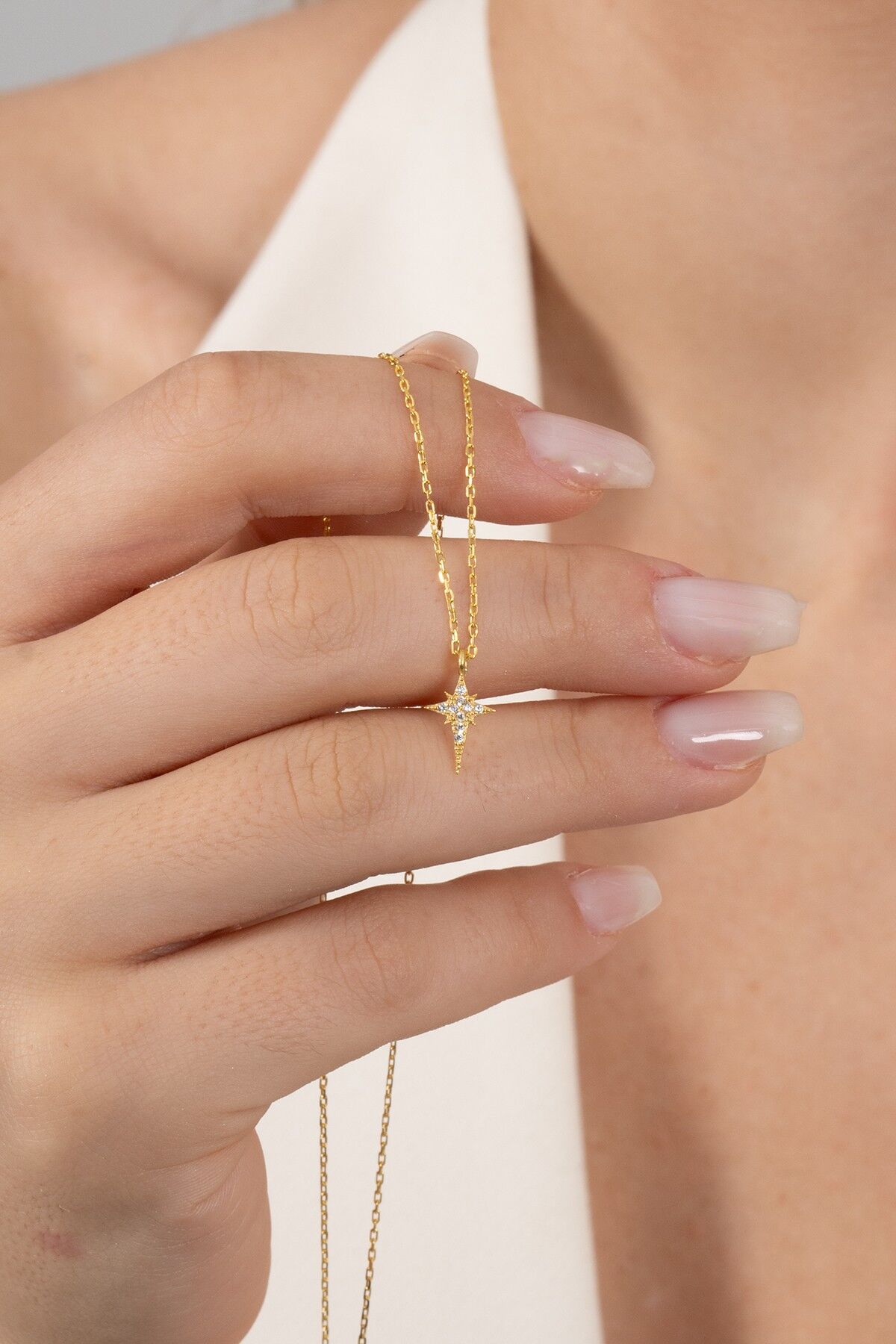 925 ayar gümüş kolye altın yaldızlı zirkon taşlı minimal kutup yıldızı kolye SGTL13149GOLD