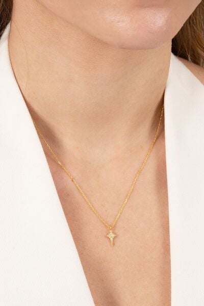 925 ayar gümüş kolye altın yaldızlı zirkon taşlı minimal kutup yıldızı kolye SGTL13149GOLD