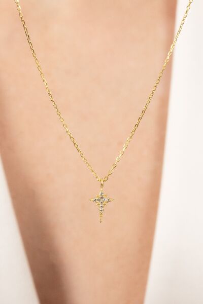 925 ayar gümüş kolye altın yaldızlı zirkon taşlı minimal kutup yıldızı kolye SGTL13149GOLD