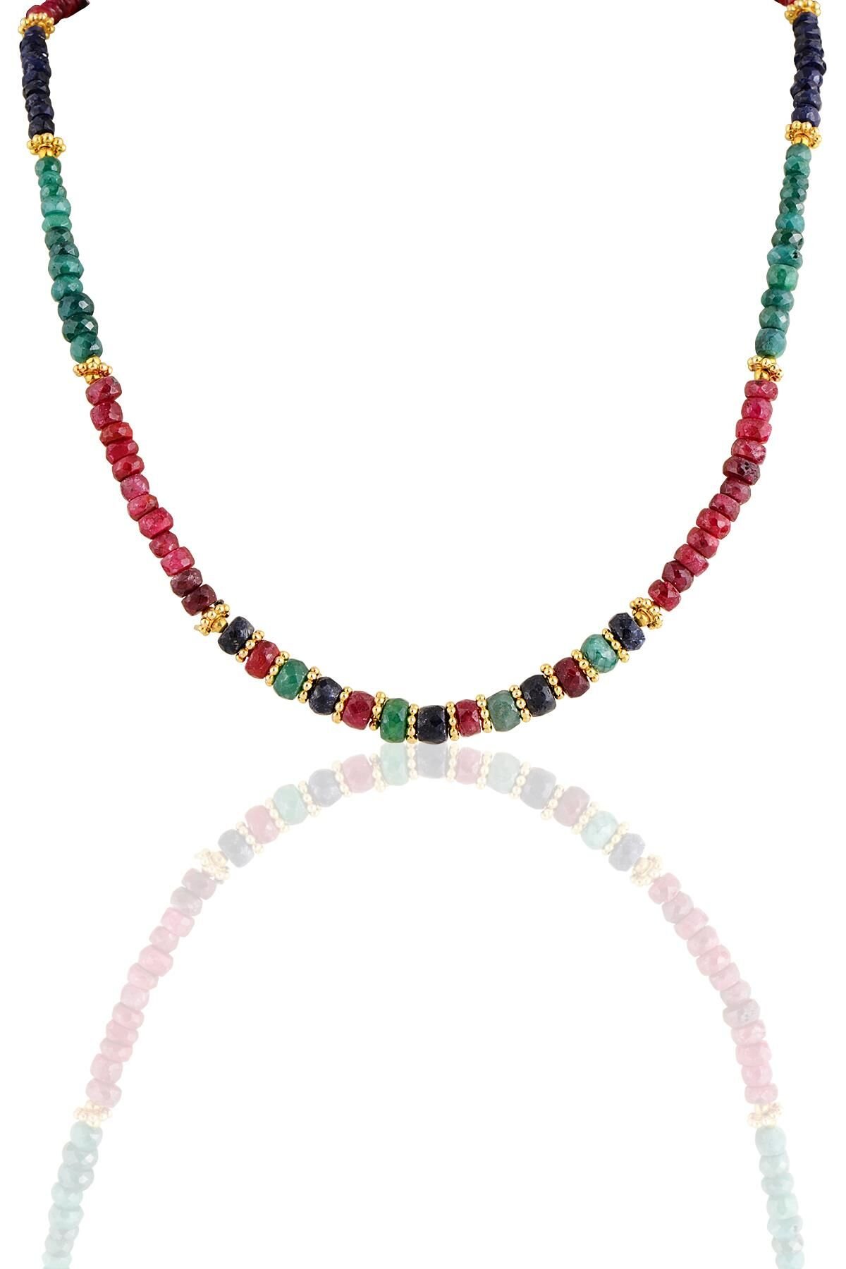 Gümüş altın yaldızlı kök yakut kök zümrüt ve safir doğal taşlı kolye SGTL11507RENKLI