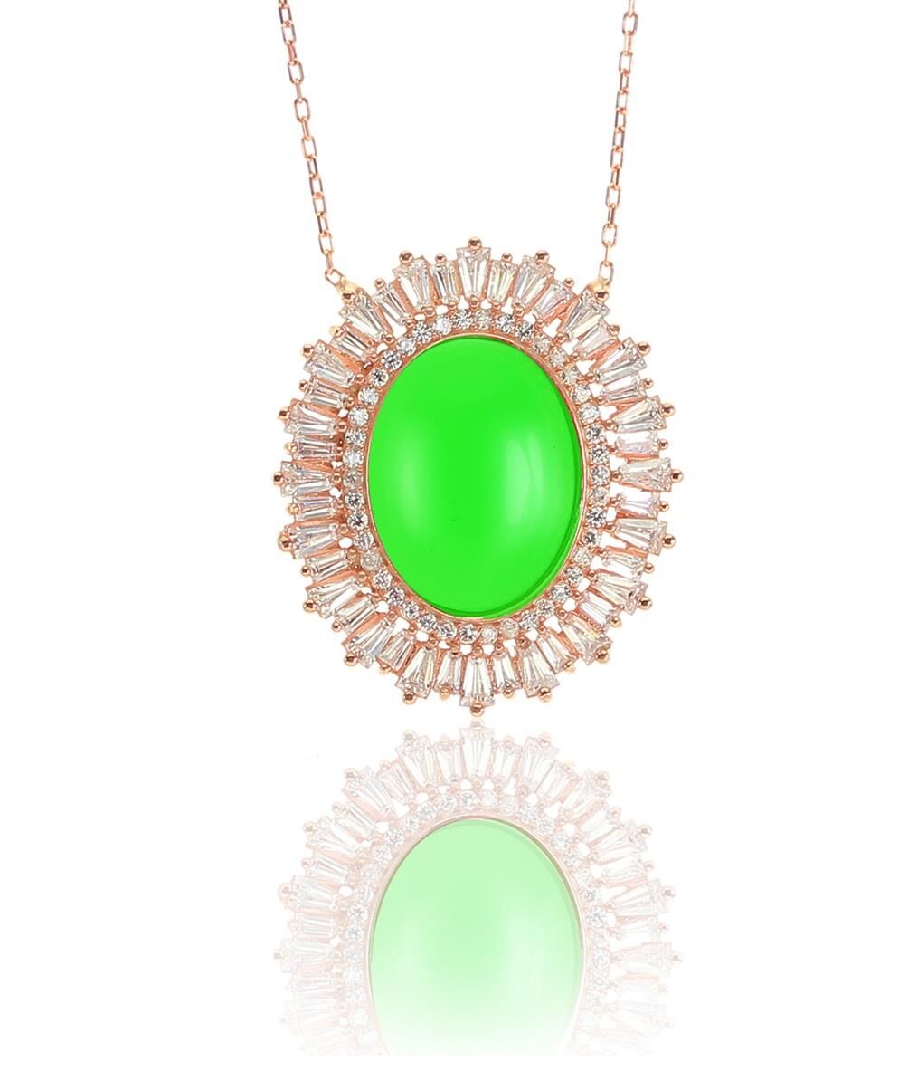 Gümüş Baget ve yeşil akik taşlı kolye SGTL8473