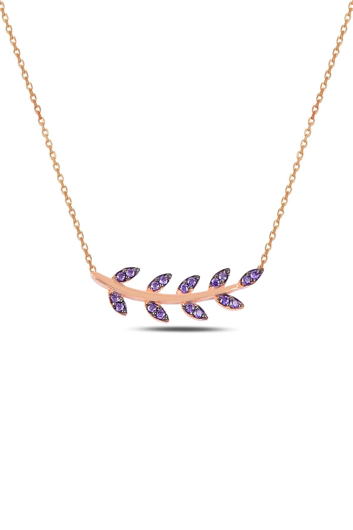 Gümüş rose mor taşlı yaprak kolye SGTL10293MOR