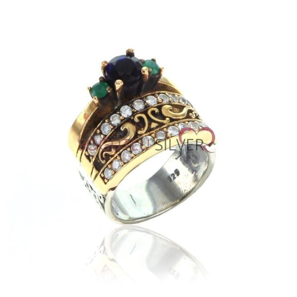Safir Zirkon ve Kökzümrüt Taşlı Yüzük SGTL6706