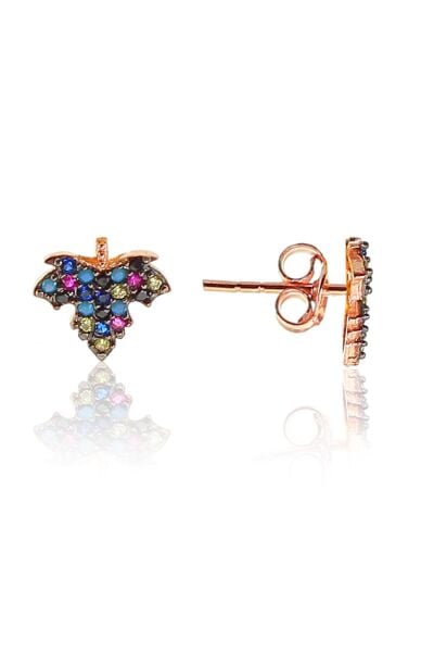 Gümüş rose renkli taşlı çınar yaprağı modeli küpe SGTL9372