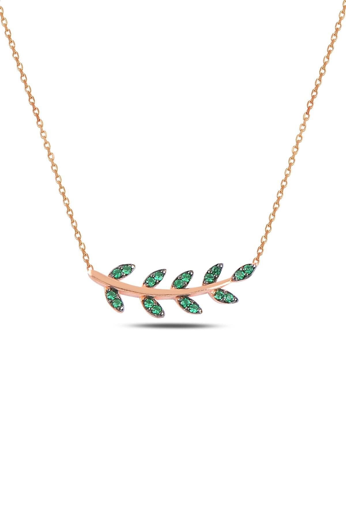 Gümüş rose yeşil taşlı yaprak kolye SGTL10293YSL