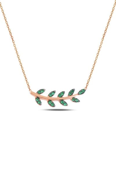 Gümüş rose yeşil taşlı yaprak kolye SGTL10293YSL