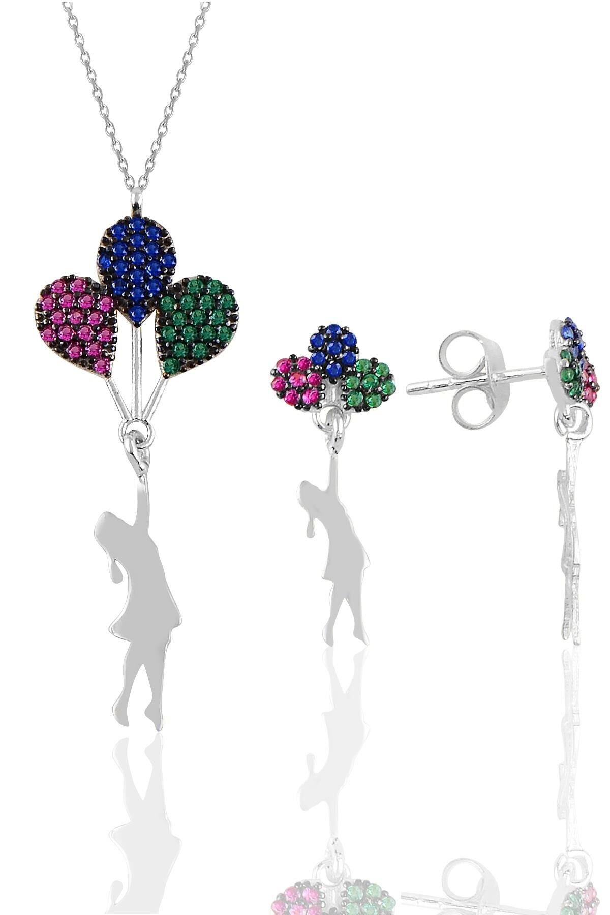 Gümüş rodyumlu balonlu kız kolye ve küpe seti SGTL10750RODAJ