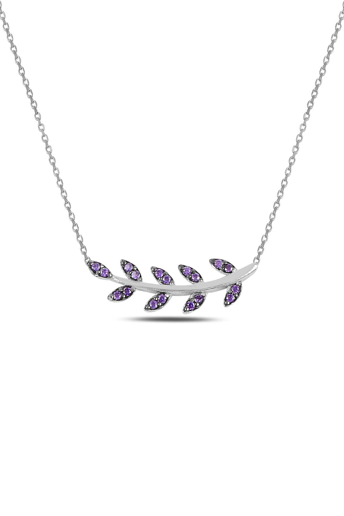 Gümüş rodyumlu  mor taşlı yaprak kolye SGTL10294MOR