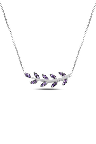 Gümüş rodyumlu  mor taşlı yaprak kolye SGTL10294MOR