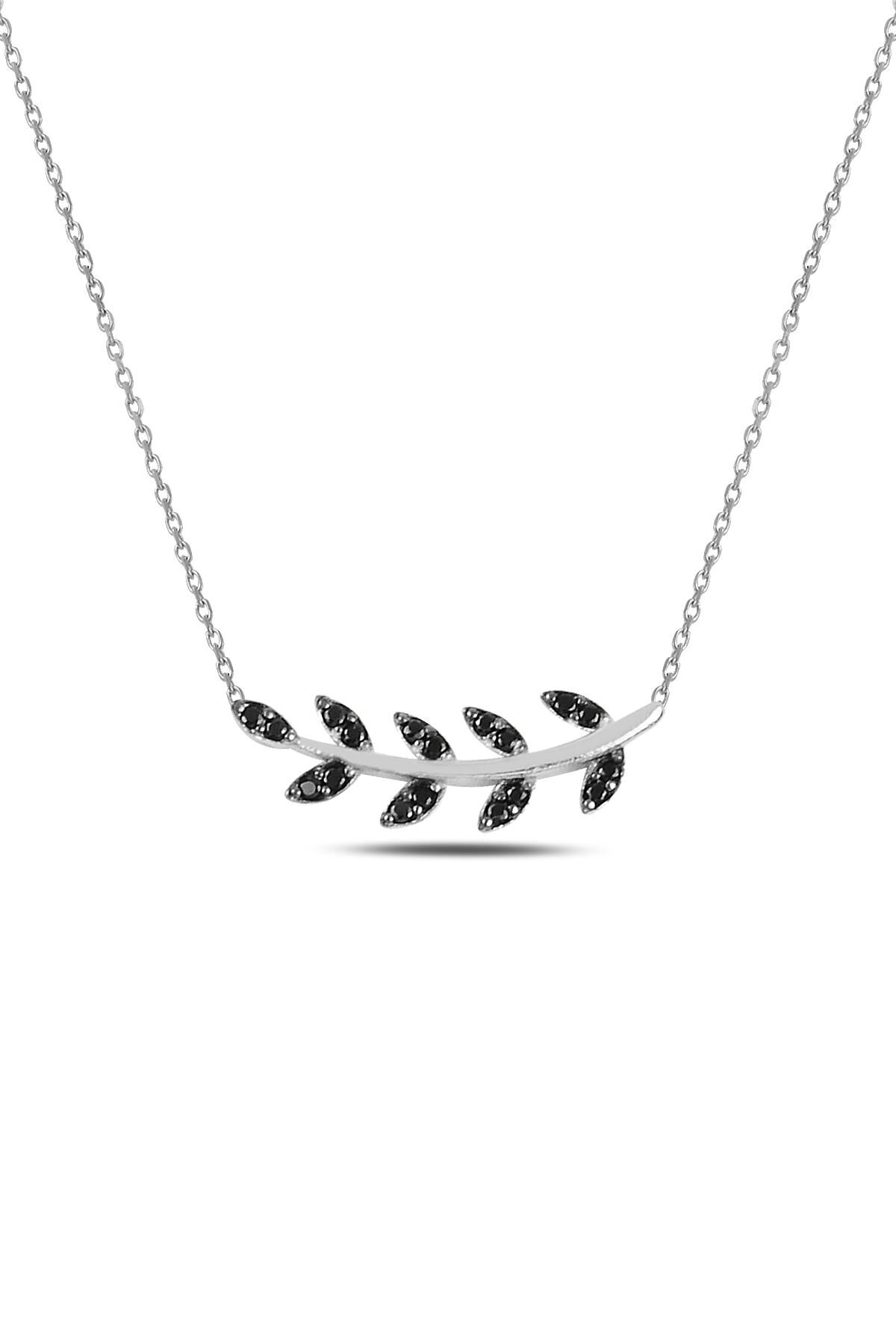 Gümüş rodyumlu  siyah taşlı yaprak kolye SGTL10294SYH
