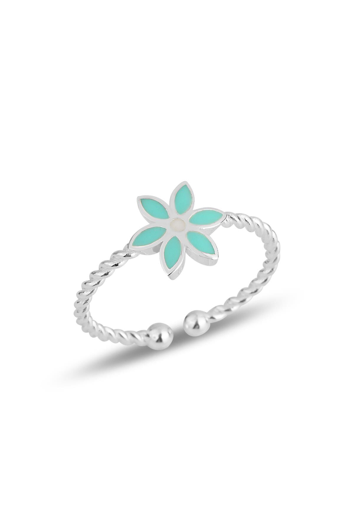 Gümüş yeşil mineli çiçek ayarlamalı çocuk yüzüğü SGTL11832YESIL