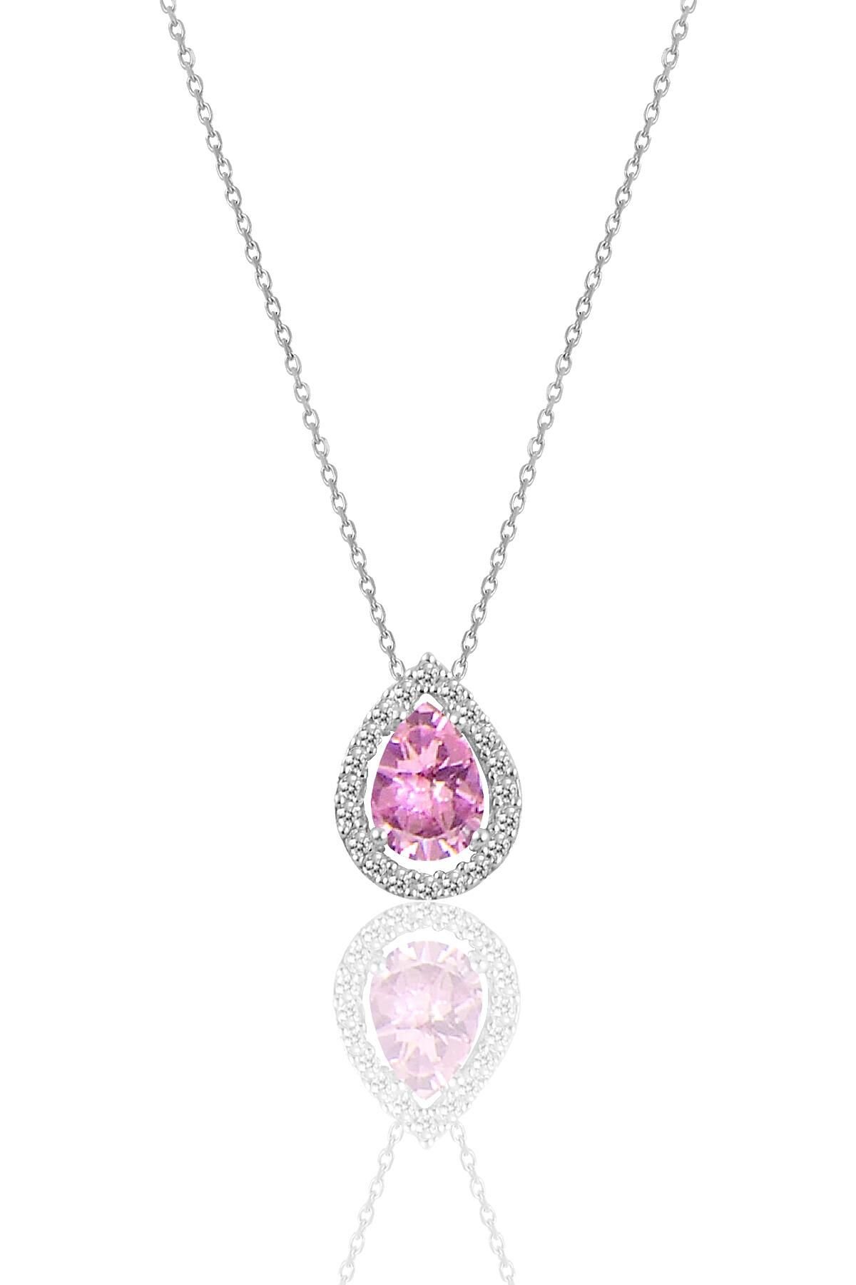 Gümüş rodyumlu pembe taşlı damla modeli kolye SGTL11005PEMBE