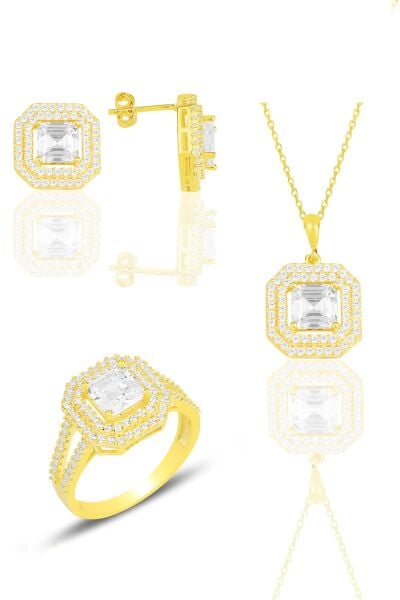 Gümüş altın yaldızlı özel tasarım baget kesim zirkon taşlı üçlü set SGTL11563GOLD
