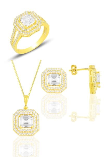 Gümüş altın yaldızlı özel tasarım baget kesim zirkon taşlı üçlü set SGTL11563GOLD