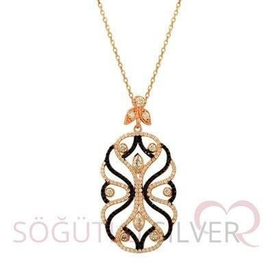 Rose zirkon ve onix taşlı kolye kolye5093