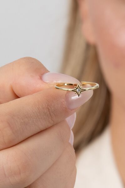 925 ayar gümüş yüzük altın yaldızlı zirkon taşlı kuzey yıldızı ayarlamalı yüzük SGTL13130GOLD