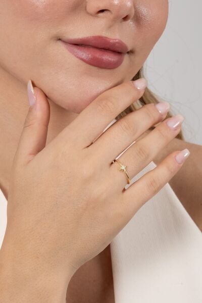 925 ayar gümüş yüzük altın yaldızlı zirkon taşlı kuzey yıldızı ayarlamalı yüzük SGTL13130GOLD